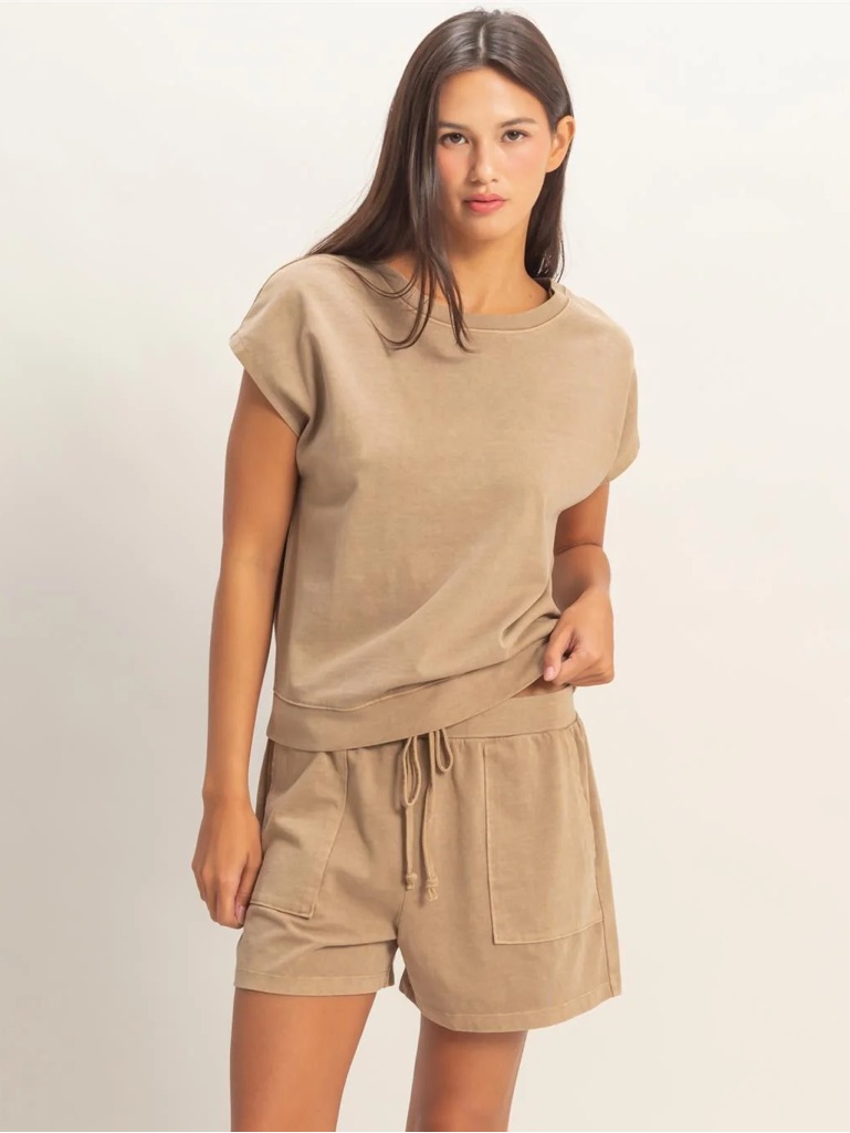 New Double Zero Mocha Cotton Lounge Set Sleeveless Crew Neck Shorts Set Large